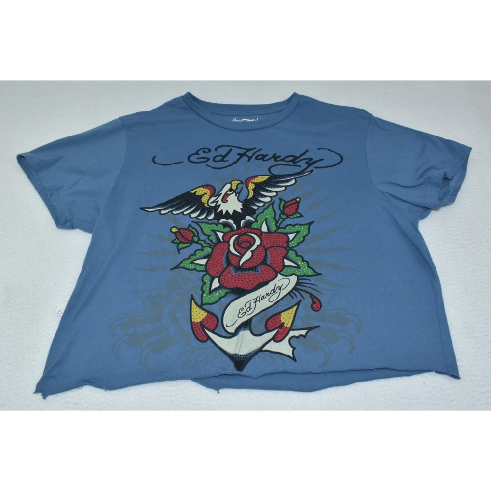 Ed Hardy Christian Audigier Unisex T-shirt Size XL Blue Eagle Splatter Distress